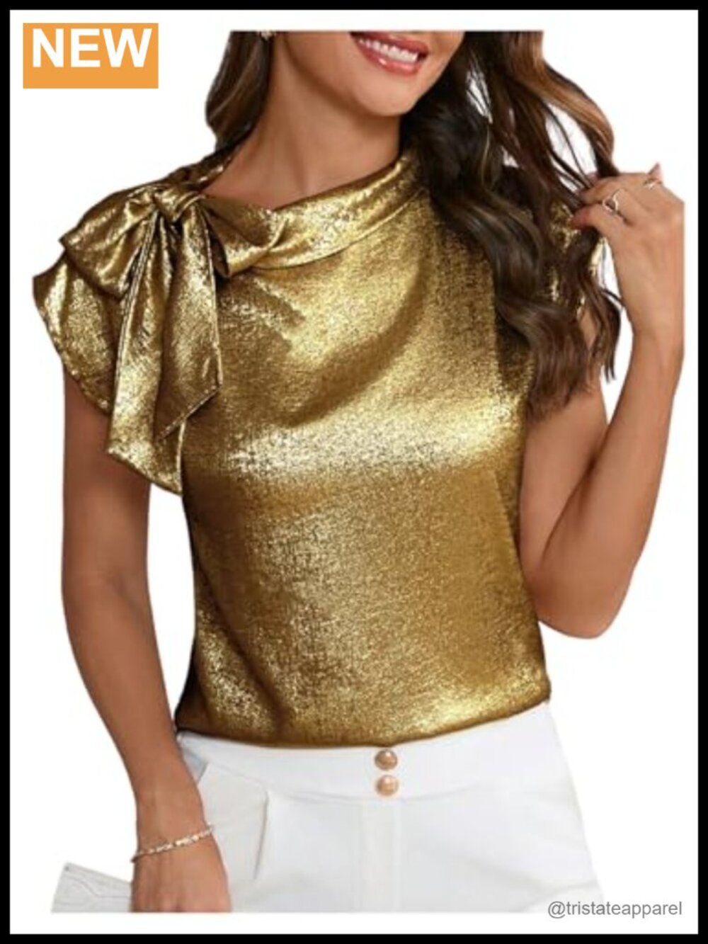 Women's Bow Tie Mock Neck Cap Sleeve Blouse Metallic Elegant Tops